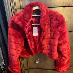 Red crop faux fur jacket